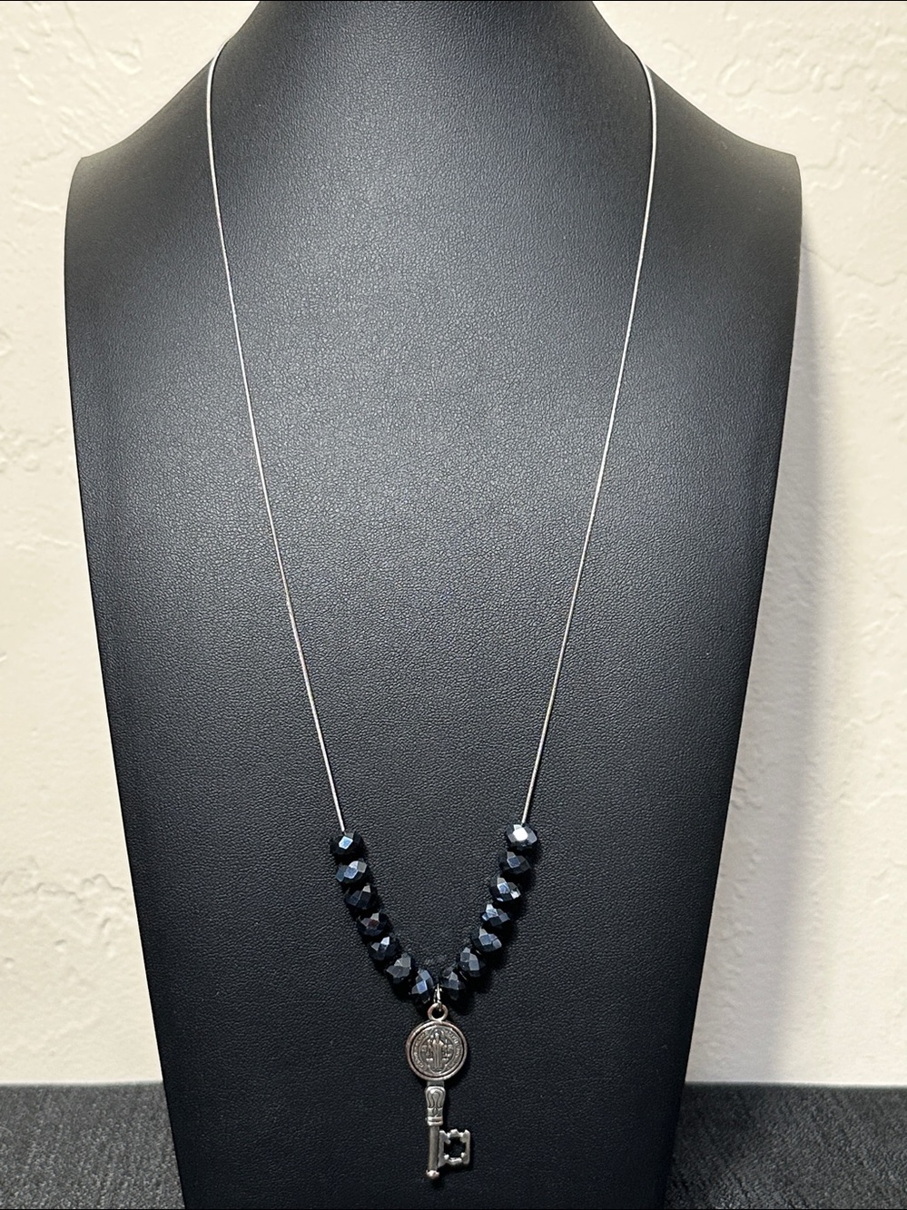 Blue Faceted Crystal St Benedict Key Vintage Necklace Protection Medal